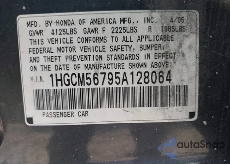 2005 Honda Accord 2.4 Ex from USA, damaged, VIN 1HGCM56795A128064